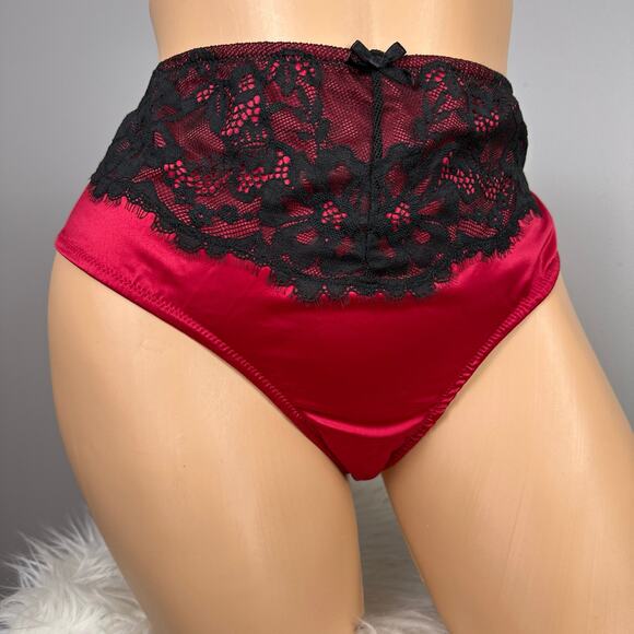 Cacique Cheeky Panty Panties Plus Size 14/16 Red Satin Black Lace Criss Cross - Picture 10 of 12